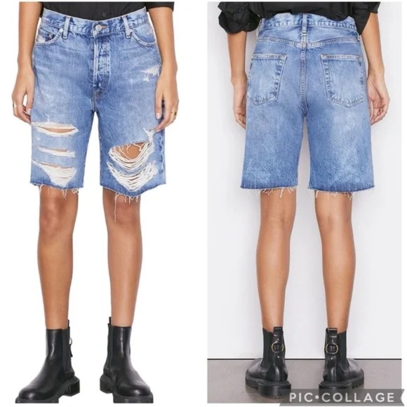 FRAME Le Slouch Distressed Bermuda Shorts Denim in River Run Sz 27 NEW - Picture 1 of 11